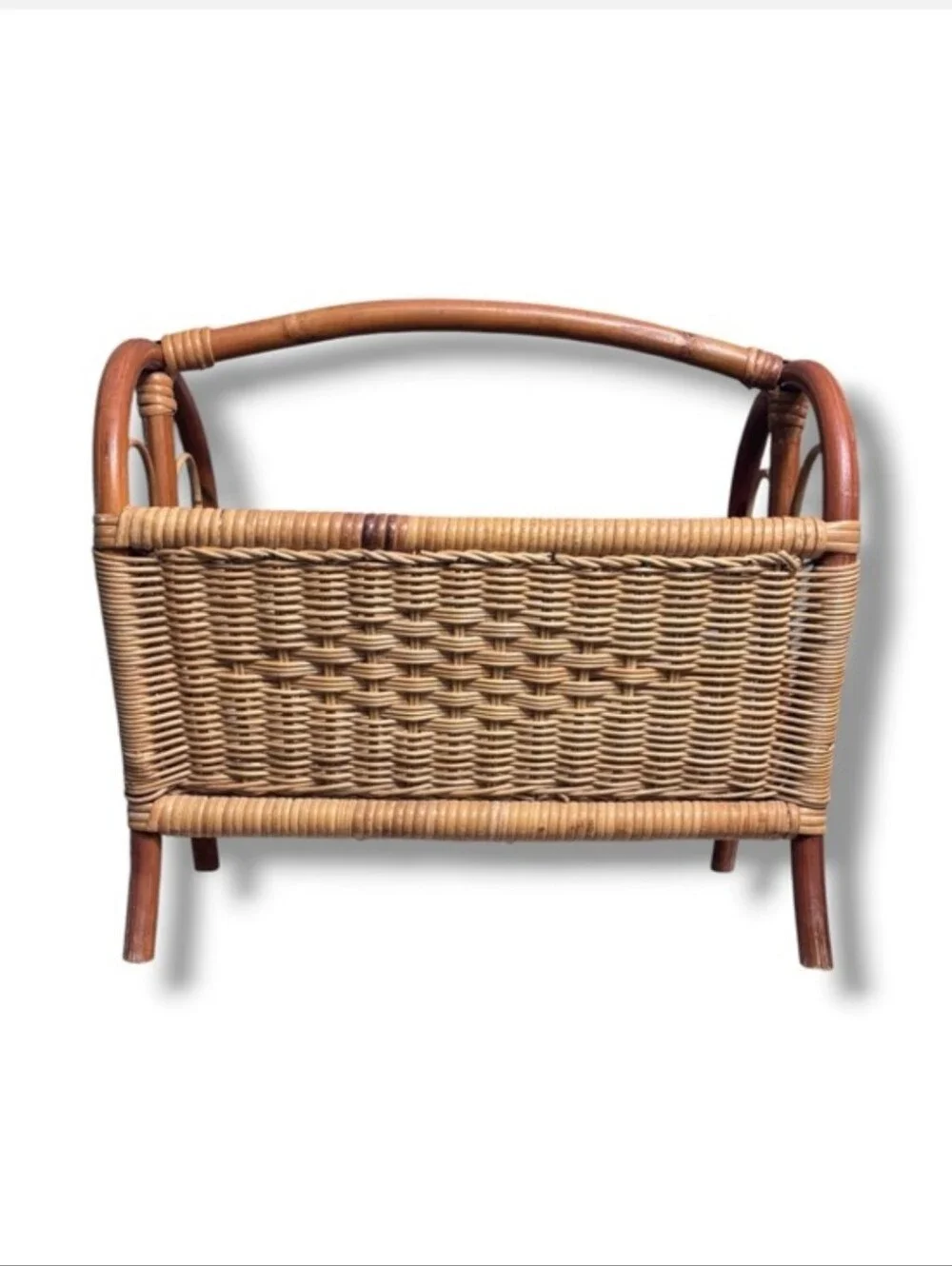VINTAGE Bamboo Wicker Rattan Woven Magazine Holder Heart End Details